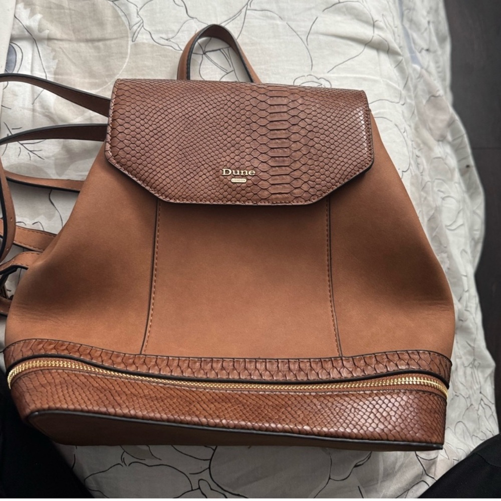 Dune London Tan Backpack with Snake Print Detail
